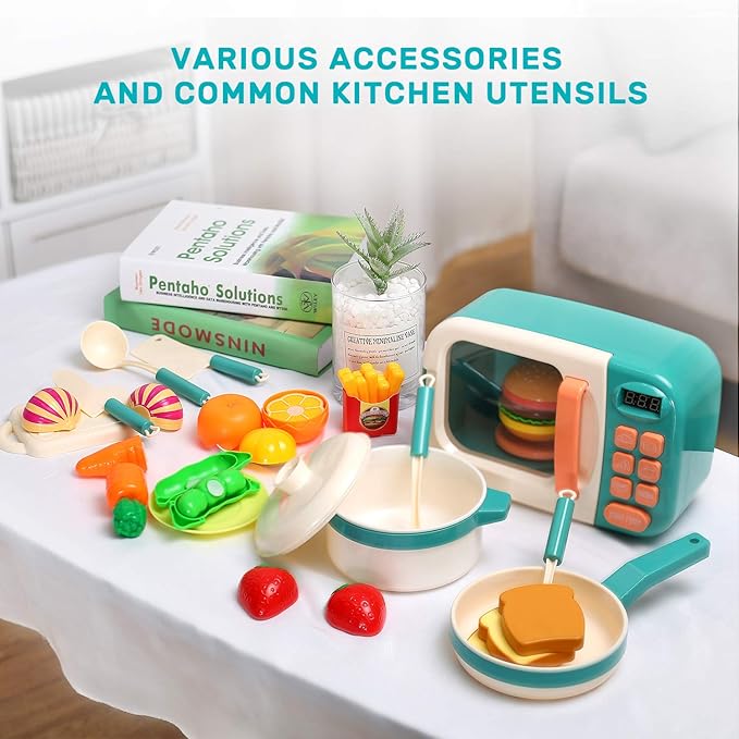 CUTE STONE Microwave Toys Kitchen Play Set, Kids Pretend Play Electronic Oven with Play Food, Kids Cookware Pot and Pan Toy Set, Cooking Utensils,Great Learning Kitchen Toys for Girls Boys