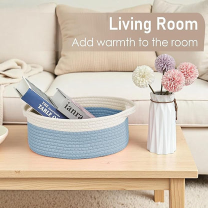 JMvicyroam Woven Basket,Small Rope Storage Bin with Handles & Ribbon Bag, Organizer for Shelves Closets,Gift Basket Empty for Birthday,Books,Dog Toys, White&Blue/2 Pack