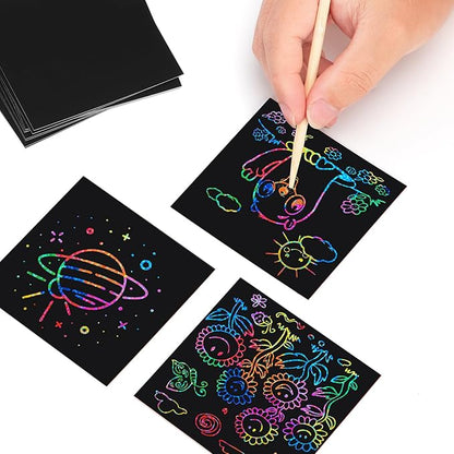 BESTING Scratch Mini Art Notes 200 Sheets Silver Holographic Scratch Off Paper Cards with 4 Wooden Stylus for Kids Arts Craft Kits for Girls Boys Games Party Favors Birthday Halloween (SP200SV)