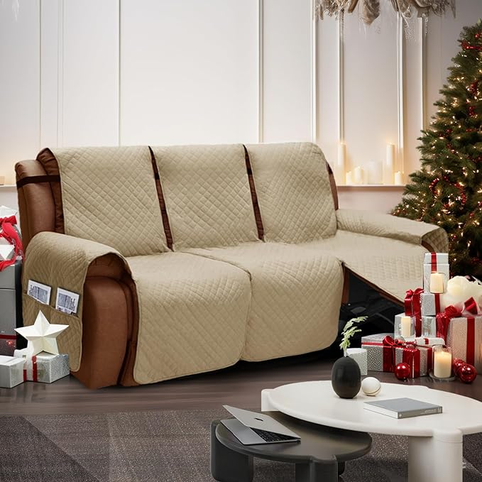 XINEAGE Water Resistant Recliner Cover, 3 seat Recliner Sofa Covers with Pockets, Quilted Thick Recliner Protector Cover for Dog Pets with Non Slip Backing and Strap (Recliner Sofa, Khaki)