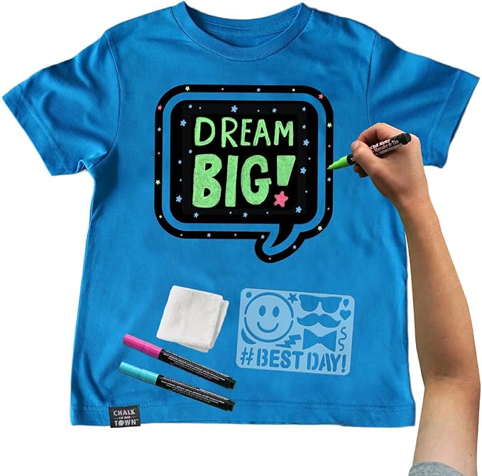 Blue Speech Bubble Chalkboard Short Sleeve T-Shirt Kit for Kids with 3 Markers and 1 Stencil (Youth X-Small)