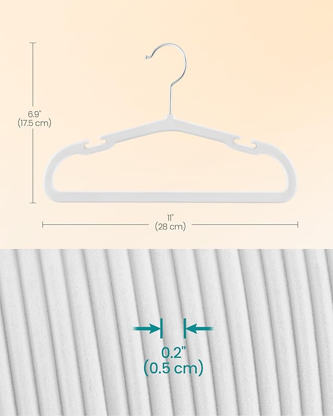 SONGMICS Baby Hangers 50 Pack, 11 x 6.9 Inches, Kids Hangers for Closet, Non-Slip Velvet Hangers, Childrens Hangers, Space-Saving Clothes Hangers, Wide Shoulder Notches, Cloud White UCRF037W01
