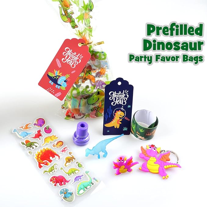 MOVINPE Dinosaur Party Favors 12 Pack 84 pcs Prefilled Goody Bags with Gift Tags, Filled with Dinosaur Themed Stampers Luminous Dinos Figure Slap Bracelets Keychains Rings 3D Stickers for Kids