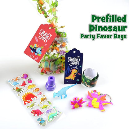 MOVINPE Dinosaur Party Favors 12 Pack 84 pcs Prefilled Goody Bags with Gift Tags, Filled with Dinosaur Themed Stampers Luminous Dinos Figure Slap Bracelets Keychains Rings 3D Stickers for Kids