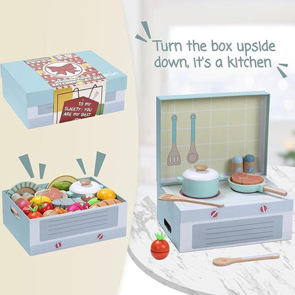 Giant bean Wooden Play Food Set, Play Kitchen Accessories, 78 PCS Pretend Cooking Set, Vegetables Fruits Cutting Toys, Dishes, Educational Toddler Toys