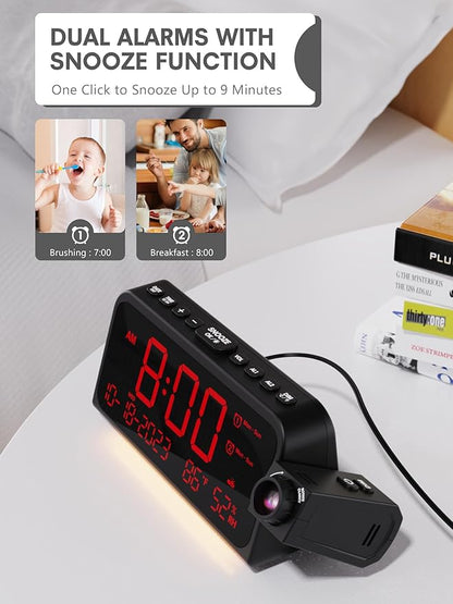 Projection Alarm Clock for Bedroom Ceiling, Digital Clock Projector with Weekday/Weekend Mode, Date, Temperature, Humidity, Type-C USB Charger, Night Light, Dual Alarms, DST, Dimmer,12/24H
