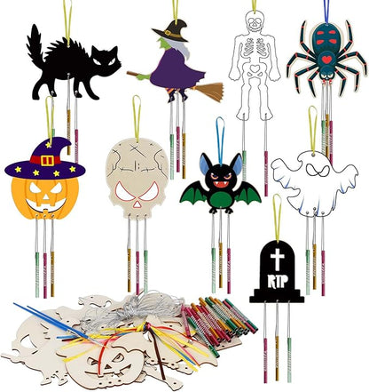 9 Pack Halloween Wind Chime Kit for Kids,Halloween Craft Kits Wooden Wind Chime Decorative Hanging Ornaments DIY Painting Craft for Boys Girls Family Activities Halloween Party Supplies