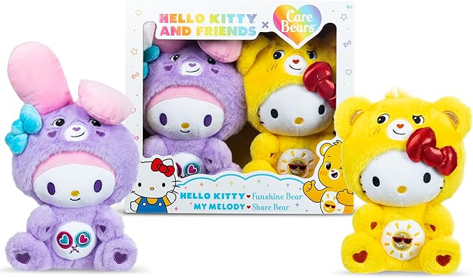 Care Bears x Hello Kitty Plush 2 Pack - Hello Kitty as Funshine Bear & My Melody as Share Bear