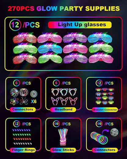 Glow in the Dark Party Supplies for Kids Adults, Glow Party Favors, Light Up Toys 100 Glow Sticks Bulk Party Pack, Bracelets LED Glasses Finger Lights Headband for Wedding Birthday New Year Halloween