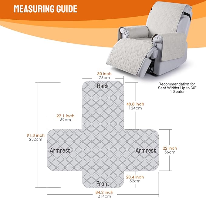 VANSOFY 100% Waterproof Recliner Chair Covers, Recliner Cover Non-Slip Dog Chair Cover Furniture Protector Washable Slipcover with Pocket, Elastic Straps for Pets, Dogs(Off White, 30")