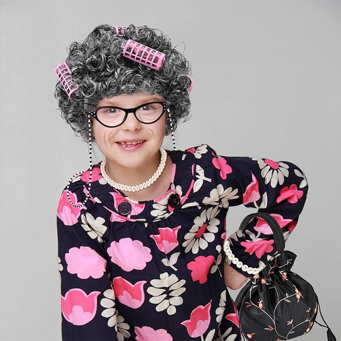 9 PCS 100 Days of School Old Lady Wig Set Include Wig Glasses Necklace Bracelet Glasses Chain Bag Cane and Stickers