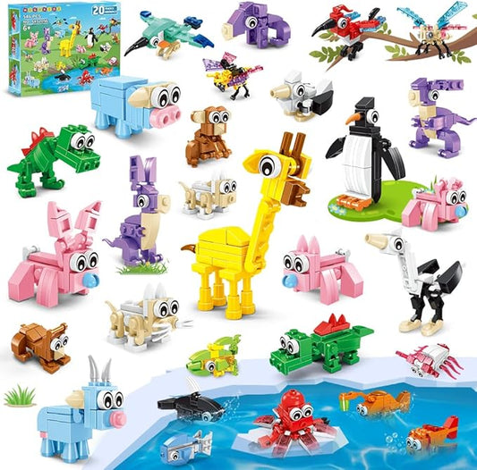HOGOKIDS 20 Packs Party Favors for Kids, 60 Kinds of Mini Animals Toy Building Block Set for Classroom Prizes Goodie Bag Stuffers Christmas Valentines Easter Birthday Gift for Boys Girls Ages 6-12+
