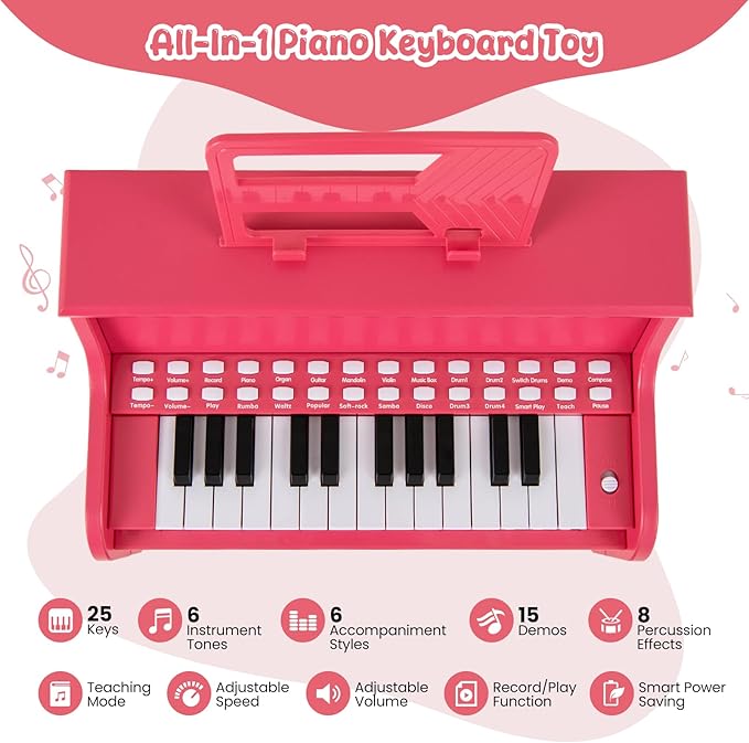 HONEY JOY Wooden Kids Piano, 25 Lighted Keys Kids Keyboard Piano w/Music Stand, Bench, Early Learning Educational Musical Instrument, Baby Music Toy for 3+ Years Old Toddlers Boys Girls (Pink)