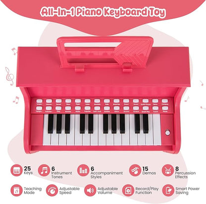 HONEY JOY Wooden Kids Piano, 25 Lighted Keys Kids Keyboard Piano w/Music Stand, Bench, Early Learning Educational Musical Instrument, Baby Music Toy for 3+ Years Old Toddlers Boys Girls (Pink)