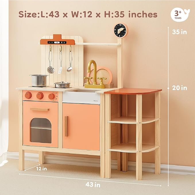 Play Kitchen Set, Wooden Toy Kids Kitchen Playset, Pretend Toddler Kitchen with Play Dishes Play Sink Microwave Oven Cookware Accessories Playset,Best Gift for Girls Boys 3+ Year Old(Red)