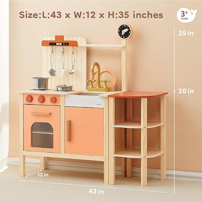 Play Kitchen Set, Wooden Toy Kids Kitchen Playset, Pretend Toddler Kitchen with Play Dishes Play Sink Microwave Oven Cookware Accessories Playset,Best Gift for Girls Boys 3+ Year Old(Red)
