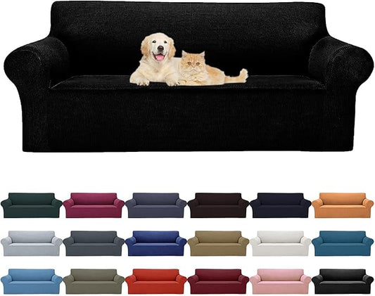 2025 New Stretch Sofa Slipcovers Couch Cover for 3 Cushion Furniture Protector Sofa Covers with Elastic Bottom Jacquard Fabric Small Checks for Pets, Kids -Sofa, Black