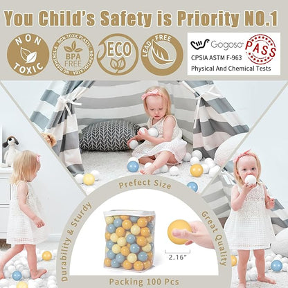 GOGOSO Ball Pit Balls - Plastic Balls for Ball Pit for Toddlers Kids Gifts Sensory Therapy Sessions,100pcs 2.15inch Blue+Yellow+Beige