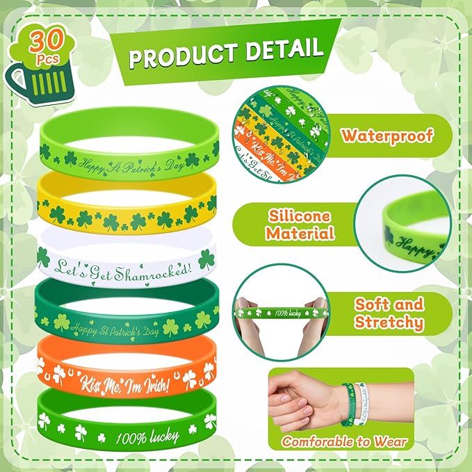 30 Pcs St. Patrick's Day Silicone Bracelets Bulk Party Favors - 6 Designs Irish-Themed Clover Wristbands, Lucky Shamrock Bands, Holiday Goodie Bag Fillers, Classroom Prizes, Wrist Decorations Supplies