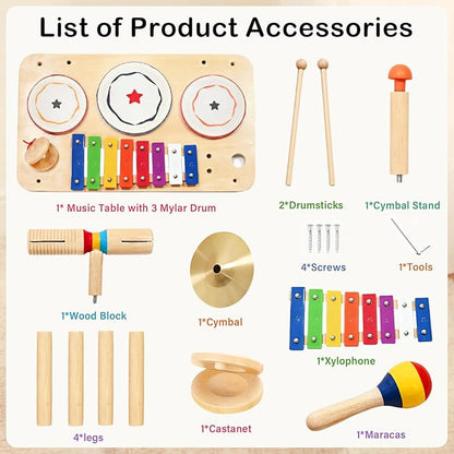 WINYGZ 9-in-1 Baby Drum Set, Low Noise Montessori Musical Instruments for Toddlers 1-3, Safe & Durable Wooden Music Toys for Quiet Sensory Play at Home, Great Birthday for Boys Girls