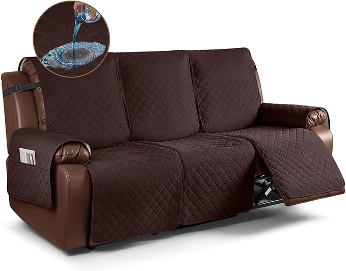 KinCam Waterproof Recliner Sofa Cover, Non-Slip Reclining Couch Covers for 3 Seat, Recliner Couch Cover Furniture Protector with Elastic Straps for Pets, Kids, Coffee