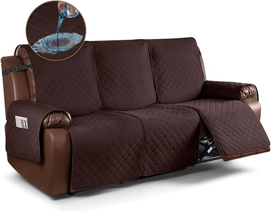 KinCam Waterproof Recliner Sofa Cover, Non-Slip Reclining Couch Covers for 3 Seat, Recliner Couch Cover Furniture Protector with Elastic Straps for Pets, Kids, Coffee