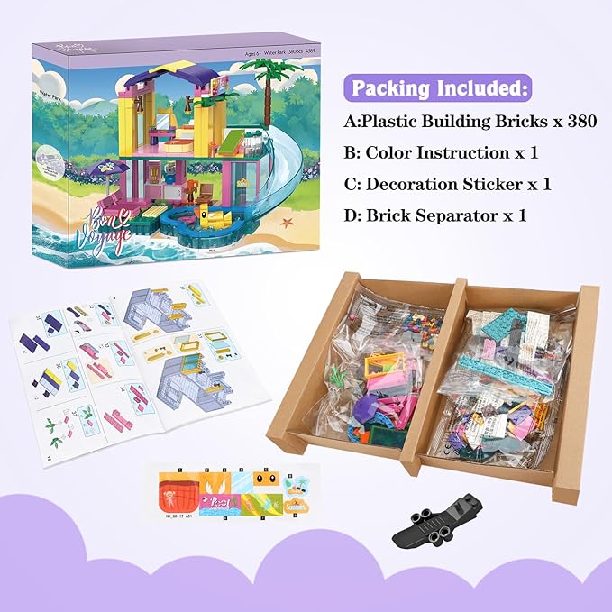 Dream Girls Friends Beach House Building Set 380 PCS Seaside Beach Villa Swimming Pool House with Slide Building Toys Summer Vacation Party Room Dream House Building Kits Gifts for Kids Girls 6-8-12