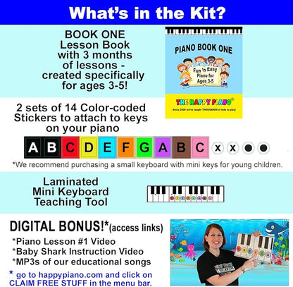 The HAPPY PIANO PRESCHOOLERS Book & Color-Coded Stickers KIT. SO EASY-to-FOLLOW. Kids Toddlers AGES 3-5. Beginner music book, BABY SHARK lesson video, FREE digital bonus, 20K taught since 2006!