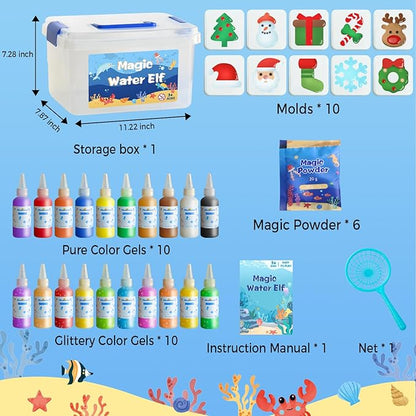 MINISENTIALS Magic Water Elf Toy Kit - Aqua Elves Water Gel Kit - Christmas Theme 20 Colors Magic Water Fairy Gel 10 Molds Squishy Maker - Party Favor Birthday Aqua Art DIY STEM Gifts for Kids