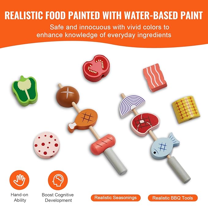 VEVOR Kids BBQ Grill Toy, Wooden Barbecue Kitchen with Realistic Carbon Fire, Wooden Play Food Kitchen Accessory (26 PCS), Indoor/Outdoor Interactive Pretend Play Toys for Boys Girls Ages 3+ Gift