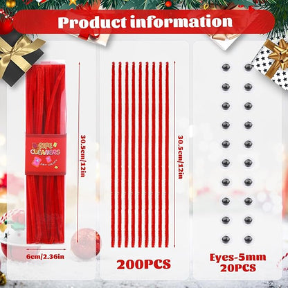 LOKUNN Pipe Cleaners, 200 Pcs Red Pipe Cleaners Craft Set, Solid Color Chenille Stems, DIY Arts and Crafts with Adhesive Eyes and Storage Box, Christmas Halloween Decoration Art Supplies