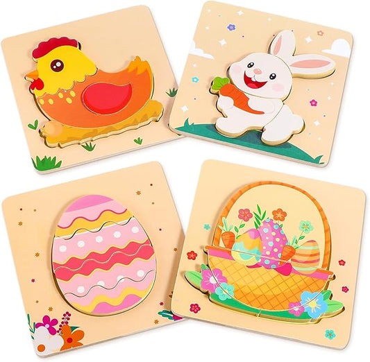 Easter Wooden Puzzles for Toddler - 4 Pack Basket Stuffers Fillers Puzzle Toys for Boys Girls, Jigsaw Learning Educational Gifts for Party Favors