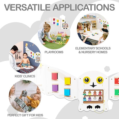Monläurd® Owl Montessori Busy Board,Sensory Board,Educational Toys,Activity Cube,Wall Toys,Daycare Furniture,Playroom Furniture,Interactive Toys,Wooden Toys,Learning Toys,Boys and Girls 6 M+