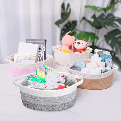 ABenkle Small Basket with Handles - Decorative Durable Rope Woven Storage Bin Shelf Storage Organizer Cube, Easter Baby Gift Basket, 12"x8"x5"