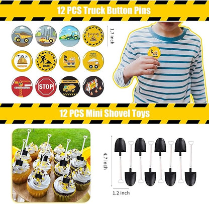 122 PCS Construction Party Favors Construction Theme Party Supplies Mini Construction Vehicles Rubber Bracelet Keychains Truck Button Pin Bags for Kids Birthday Party Favors Goodie Bag Fillers
