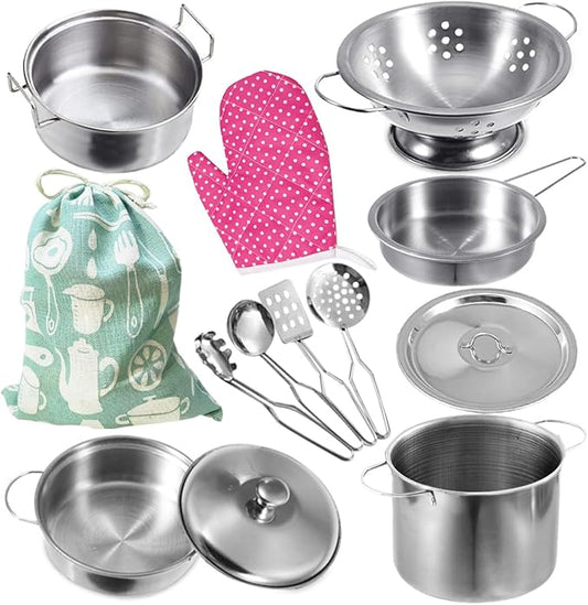 Cookware Pots and Pans Play Set with Cooking Mini Stainless-Steel Kitchen Cooking Utensils Toys,Pretend Toys for Kids, Educational＆Development Toy Kitchen Playset Accessories for Kids Ages 3+