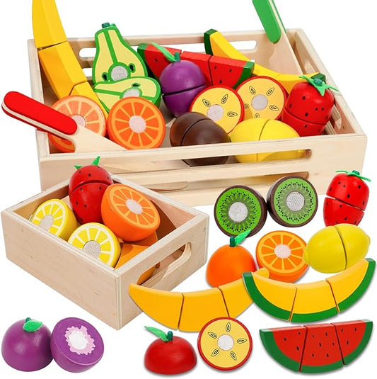 BAODLON Wooden Cutting Fruit Set - Wooden Play Food Toys for Kids Kitchen, Multi Play Food Kitchen Accessory with 2 Trays, Play Fake Fruit Toys Birthday Gifts for 3 4 Years Toddler Girl Boy