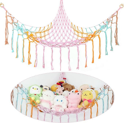 Boho Stuffed Animals Net or Hammock Large,55 inch Toy Hammock Macrame Stuff Animal Storage Corner Hanging Net Holder,Mesh Hammock Plush Toy Organizer with Hooks for Bedroom,Nursery (colorful)