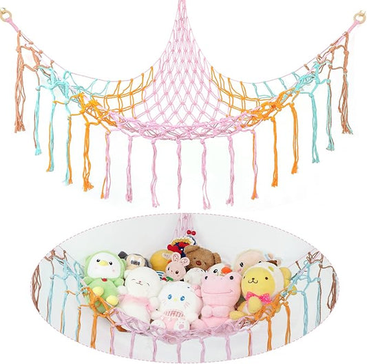 Boho Stuffed Animals Net or Hammock Large,55 inch Toy Hammock Macrame Stuff Animal Storage Corner Hanging Net Holder,Mesh Hammock Plush Toy Organizer with Hooks for Bedroom,Nursery (colorful)