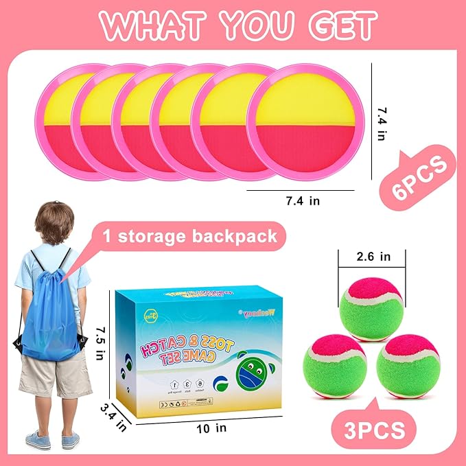 Weehoey Toss and Catch Ball Set for Girls – 6 Paddles 3 Balls Pink Outdoor Game for Kids Ages 3-10, Birthday Gift, Christmas Toys, Holiday Present, Party Favor, Backyard Indoor Toy