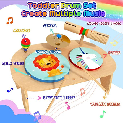 LOOIKOOS Kids Drum Set for Toddlers 1-3, All in One Montessori Musical Instruments -Wooden Percussion Educational Preschool Music Toys for Baby 12-18 Months