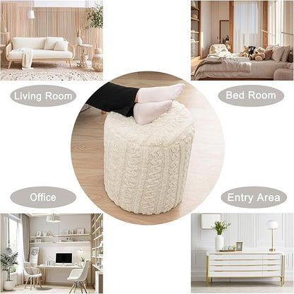 Round Ottoman Foot Rest14.6x14.6x18 Inches Boucle Ottoman Multifunctional Pouf Ottoman Foot Stool Fluffy Fur Ottoman Stool Pouf Footrest Stool for Living Room Bedroom (Ivory)