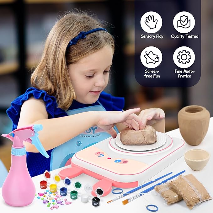 Skirfy Pottery Wheel for Kids-Art&Crafts Kits for Kids Ages 9-12 Clay Sculpting Tools & Painting Kit,Easter Birthday Gift Girls Toys 8-10,DIY Kits Clay Maker for Beginners with 6 Packs Modeling Clays