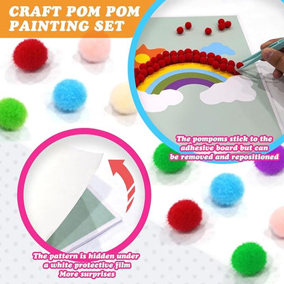 URSDIART Rainbow Pom Poms Craft Supplies, Pom Poms Art Craft Kits for Ages 8-12,6-9,15 Years+, DIY Pom Pom Painting Art Kit,Classroom Easy Crafts for Tweens, Adults,Seniors Creative Projects