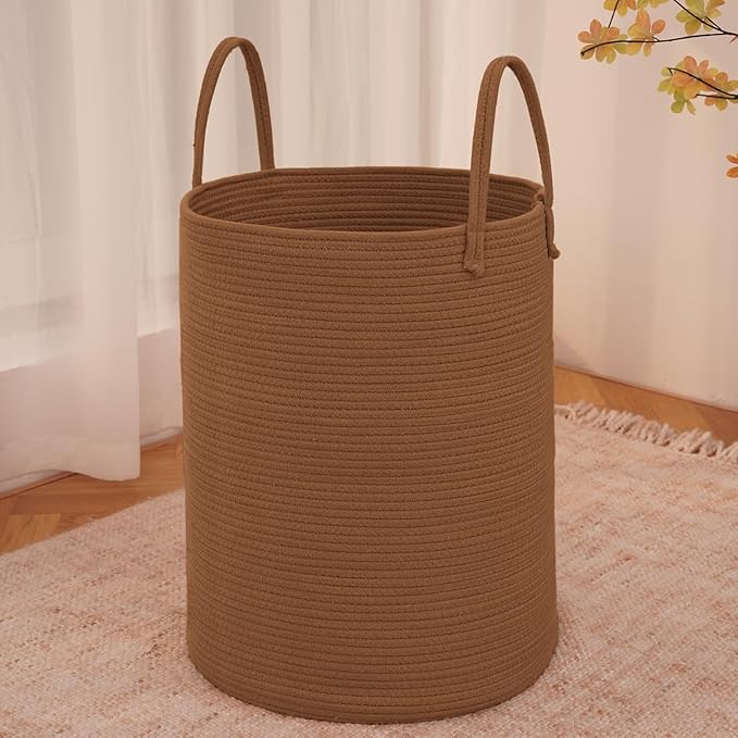 JMvicyroam Large Woven Laundry Basket Hamper,60L Cotton Rope Storage Bin for Blankets,Toys and Clothes,Decorative Tall Nursery Hamper for Living Room,Baby Nursery,Bathroom and Bedroom,Golden Jute