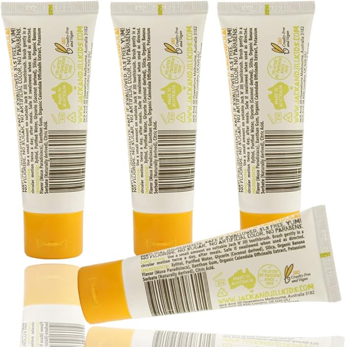 Jack N' Jill Natural Toddler Toothpaste for Baby, Kids and Infants 6 Months & Up, Fluoride Free Training Toothpaste for Toddlers 1-3 (1.76 Fl Oz (Pack of 4), Banana)