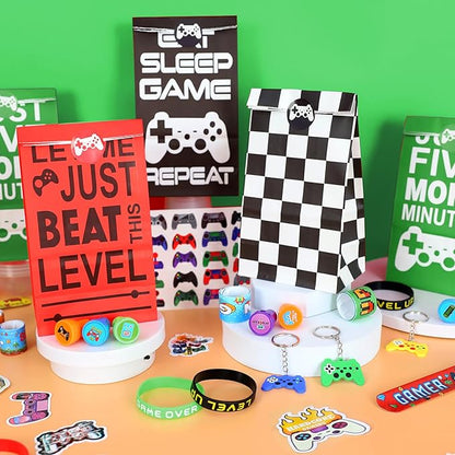 159 Pcs Video Game Party Favors, Gamer Gaming Party Favors - Drinking Straws Cups Slap Bracelets Keychains Gift Tags Stamps Stickers Gift Bags for Game On Birthday Party Favor Supplies
