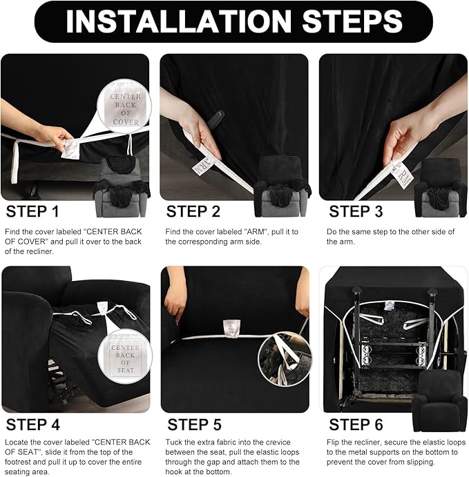 FestiCorp Recliner Chair Covers Real Velvet 4-Pieces Recliner Covers for Small Lazy Boy Recliner Chair Stretch Recliner Sofa Slipcovers Furniture Protector with Side Pocket & Elastic Bottom, Black