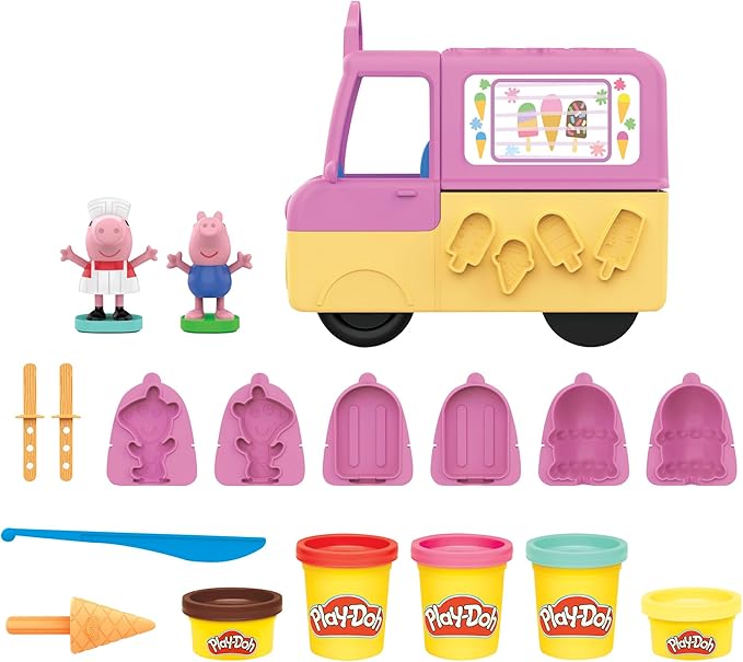 Play-Doh Peppa's Ice Cream Playset with Truck, Peppa Pig and George Figures, and 5 Non-Toxic Modeling Compound Cans, Toy for Kids 3 Years and Up
