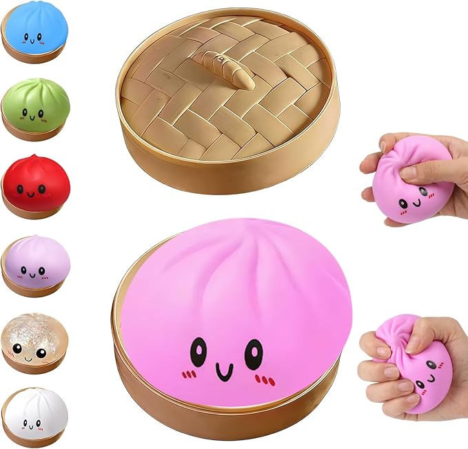 Dumpling Squishies Toy, Giant Glitter Dumpling, Colorful Steamed Bun Stress Balls Fidget Sensory Toy,Squeeze Dough Ball Stress Relief Hand Toys with Food Steamer Stretchy Desk Toys (Pink)